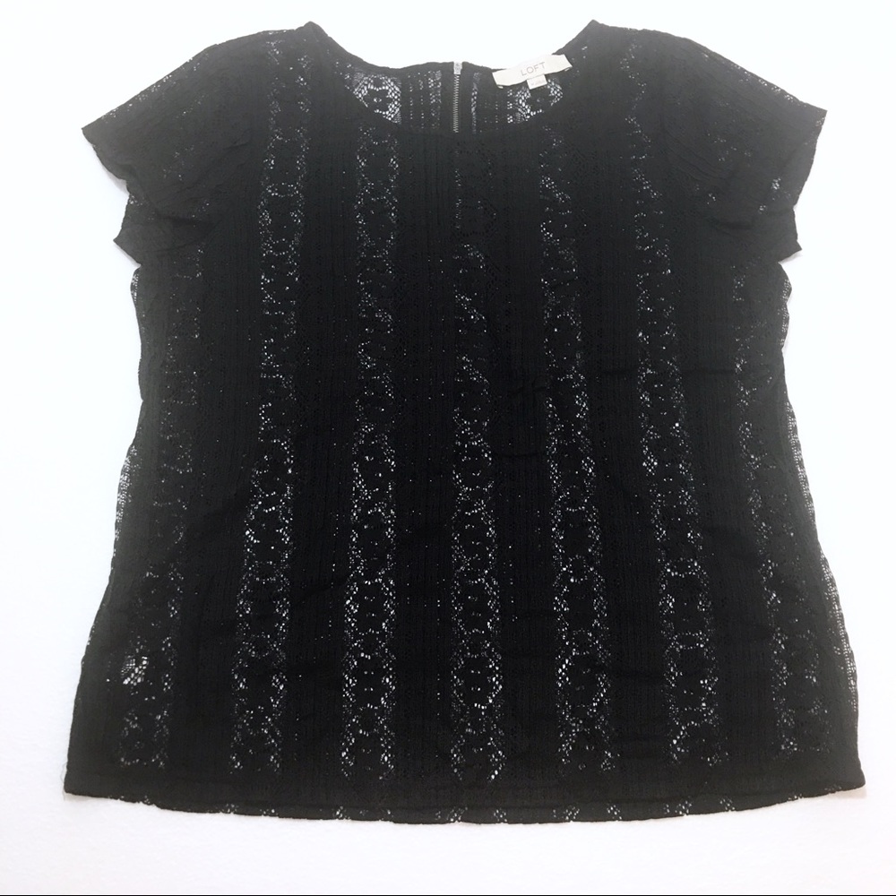 LOFT Black Lace Pleated Top Zip Back Plus Size 14